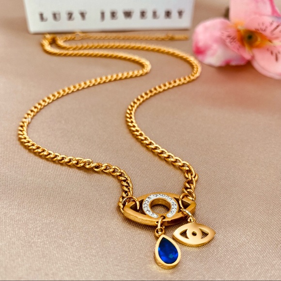 18K Gold Lucky Eye Blue Tear Charm Cubic Zirconia Design Curb Chain Necklace - Picture 3 of 13